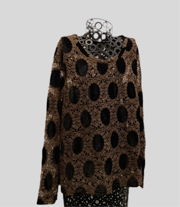Taupe Lace with Black Velvet Dot, Round Neck, Long Sleeve Top by Lior.