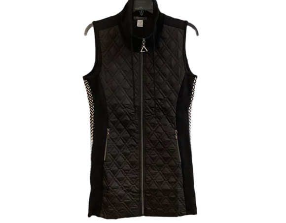 Black Draw String Neck, 3/4 Length Quilted Vest w/ Black and White Chevron Side Accent and Zippered Pockets By Dolcezza.