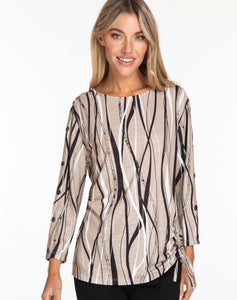 Taupe Bateau Neck w/ Black/White Graphic Vertical Lines, 3/4 Drop Sleeve with Side Drawstring Top by Multiples.