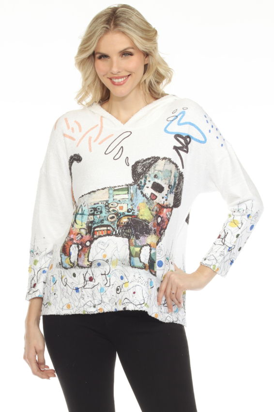 Hooded Terry Ivory Background w/Multi-Colored Large Dog Print, Long Sleeve Top, “Lulu” and High/Lo Hem by Inoah.