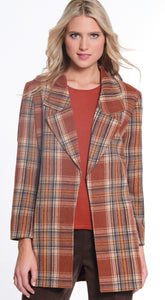 Cinnamon/Brown/Cream Plaid Long Sleeve, Open Front Lined, Soft Flannel, Mid-Length Jacket by Multiples.