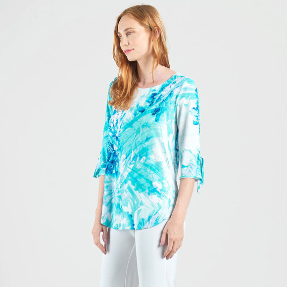 Turquoise/White Floral Print, 3/4 Sleeve, Scoop Neck Soft Knit Tunic by Clara Sun Woo.