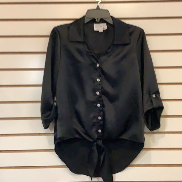 Black Satin Blouse w/Crystal Buttons and Front Tie by Compli K.