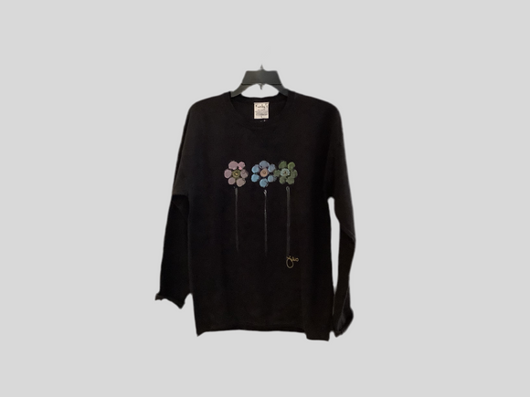 Kunky’s Black Round Neck Sweatshirt w/Trio of Hand Painted Flowers on Front