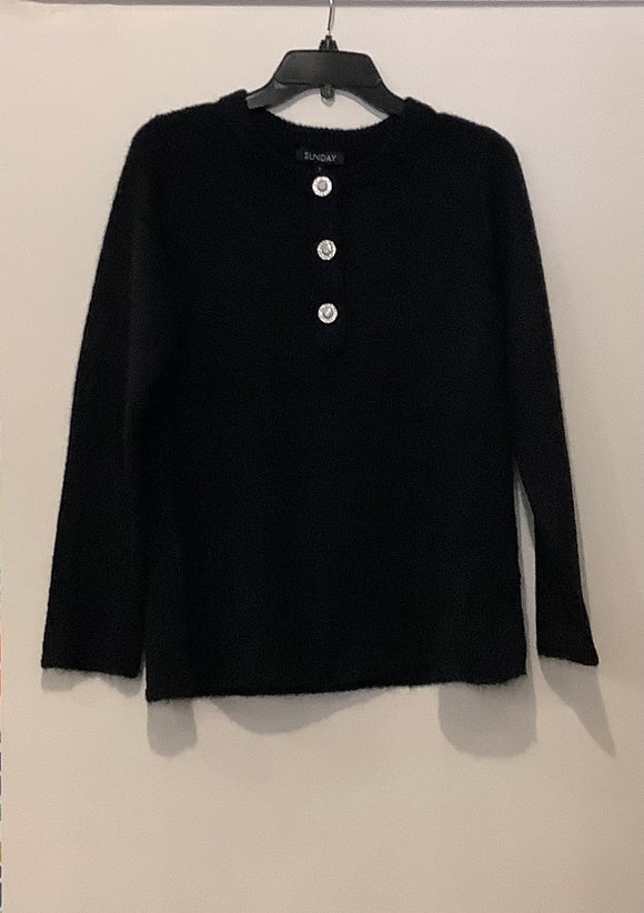 Black Round Neck, Long Sleeve Sweater w/3 Rhinestone Buttons by Sunday.