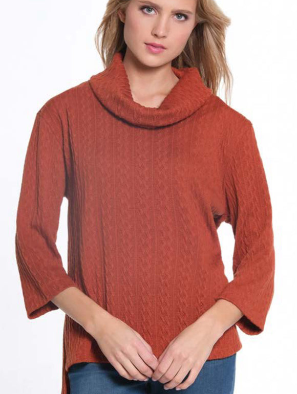 Cinnamon, 3/4 Drop Shoulder Sleeve, Cowl Neck Cable Knit Top w/Hi-Lo Hem by Multiples.