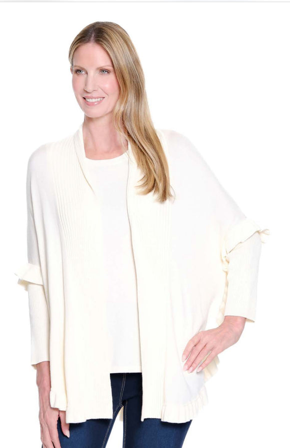 Winter White Ruffle Hem, Shawl Collar Sweater with 3/4sleeves  by Multiples.