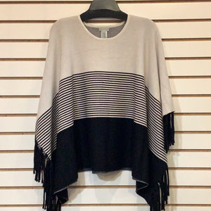 Black/Cream Scooped Neck Poncho Sweater with Fringed Bottom by Multiples.