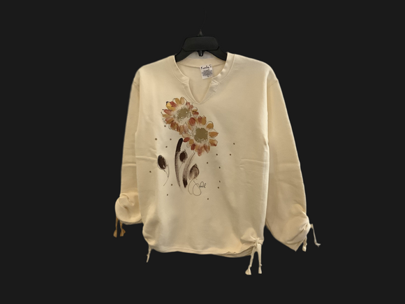 Kunky’s Cream Round Notched Neck Sweatshirt w/Hand Painted Brown Flowers on Front and Drawstring Ties on Sides and Sleeves.