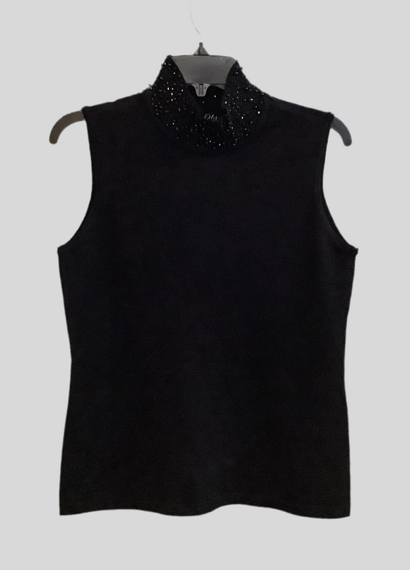 Black Sleeveless, Sequined Mock Turtleneck Sweater by Orly.