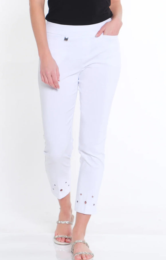 Slimsation White Pull On Ankle Pants w/Front Pockets and White Circle Embroidered Trim on Hem by Multiples.