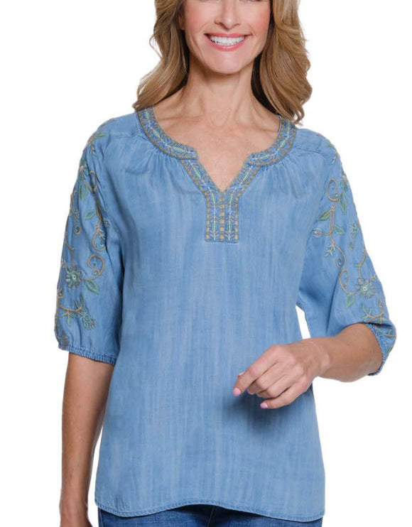 Lite Blue Denim Round, Notched Neck w/Embroidered Trim and Raglan Elbow Sleeve, High Low Hem Top by Multiples.