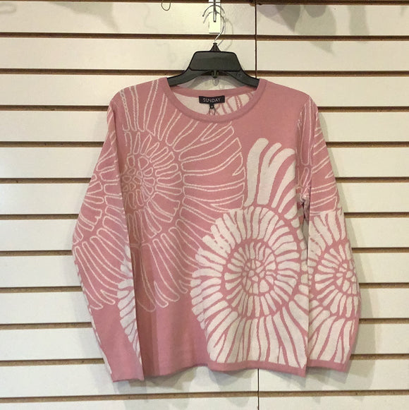 Soft Pink w/White Graphic Floral Design Knit LS Top by Sunday