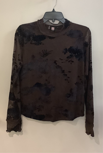 Brown Burnout w/Velvet Scattered Pattern, Mock Ruffle High Neck Mesh Long Sleeve Top by Lior