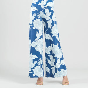 Dusty Blue Floral Print Pull-On Palazzo Pant by Clara Sun Woo. Made in the USA.