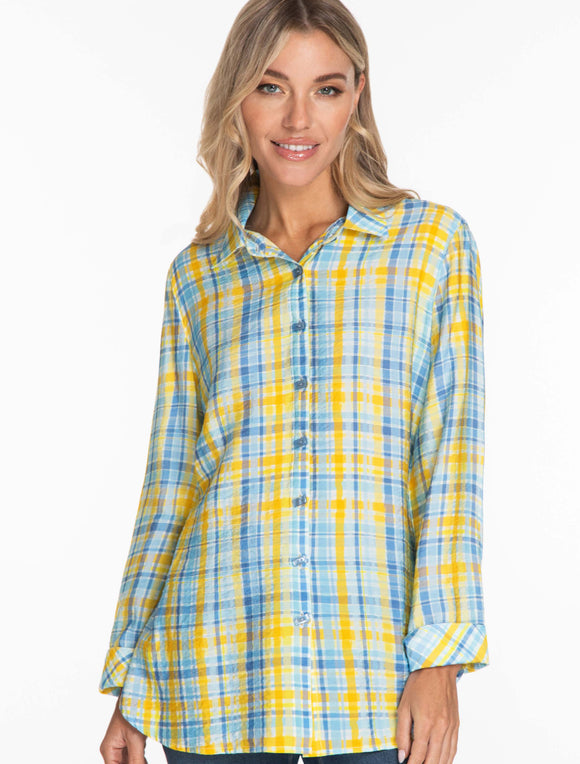 Blue/Yellow/White Long Sleeve Blouse with Button Detail on Front and Back by Multiples.