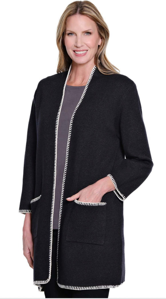 Charcoal Grey Drop Shoulder, Shawl Collar Open Front, 3/4 Sleeve Long Cardigan Trimmed in White by Multiples.