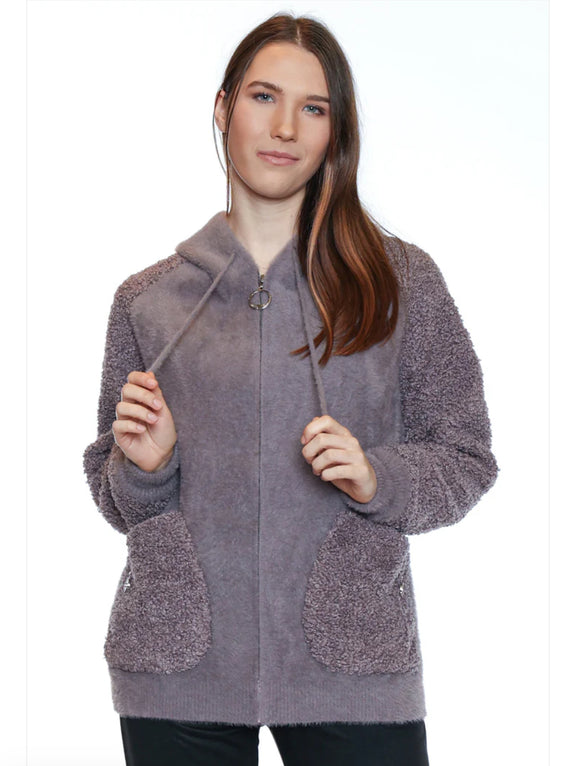 Medium Gray, Fuzzy Hooded Jacket, with Boucle Pockets and Sleeves by Papa.