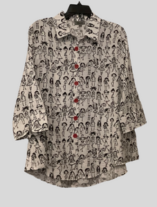 White 3/4 Sleeve Blouse w/Black Stick People Print and Red Button & Back Zipper Detail by Shana.