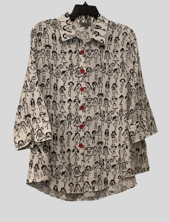 White 3/4 Sleeve Blouse w/Black Stick People Print and Red Button & Back Zipper Detail by Shana.