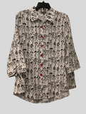 White 3/4 Sleeve Blouse w/Black Stick People Print and Red Button & Back Zipper Detail by Shana.