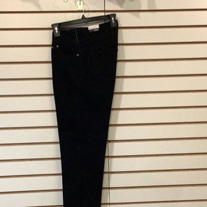 Slimsation Black Denim Wide Band Pull On Pants with Triple Fringe Hem and Front and Rear Pockets by Multiples..
