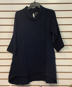 Navy Gauze Tunic Top w/Standup Collar and  Side Pockets by Shannon Passero