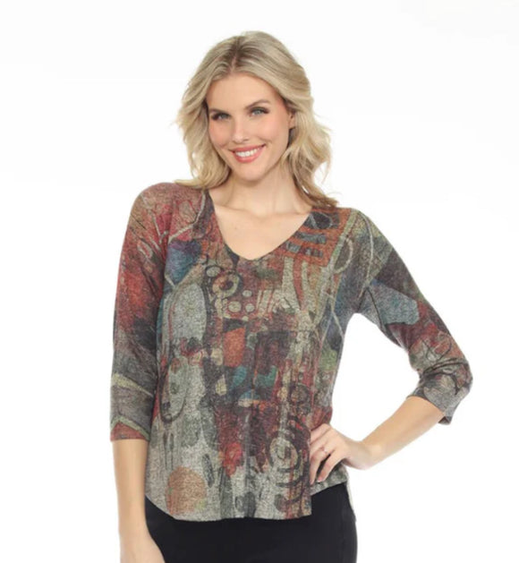 Multicolored Brushed Earth Tone Pattern, V-Neck 3/4 Sleeve Top by Inoah.