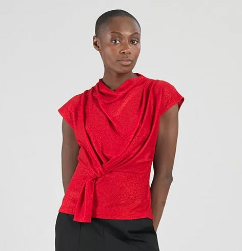 Red Glimmer Cap Sleeve, Drape Neck, Side Loop by Clara Sun Woo.