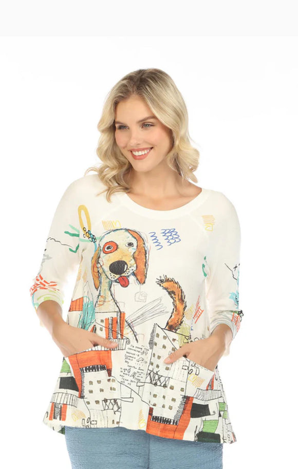 White Round Neck, Raglan Sleeve Knit Top w/Multi Colored  Delightful Dog Scene and Front Pockets by Inoah.