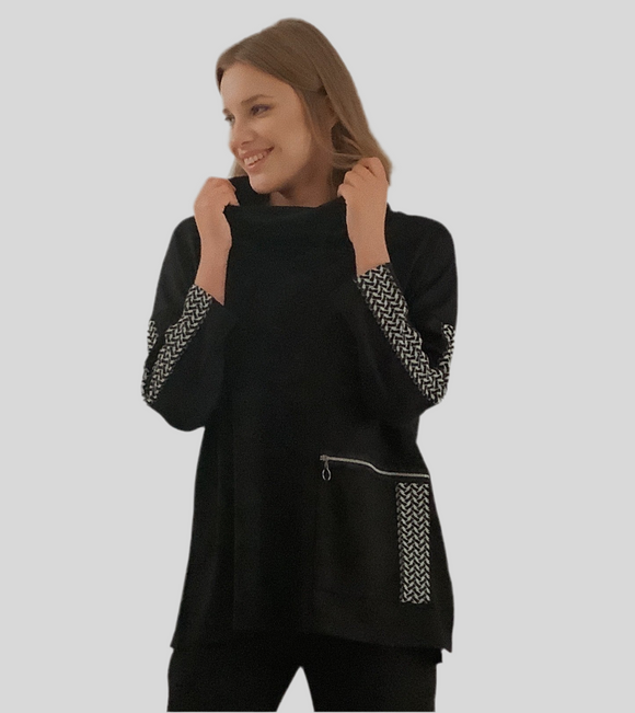 Super Soft Black Cowl Neck Pullover w/ Black and White Chevron Side/Sleeve Accent By Dolcezza.