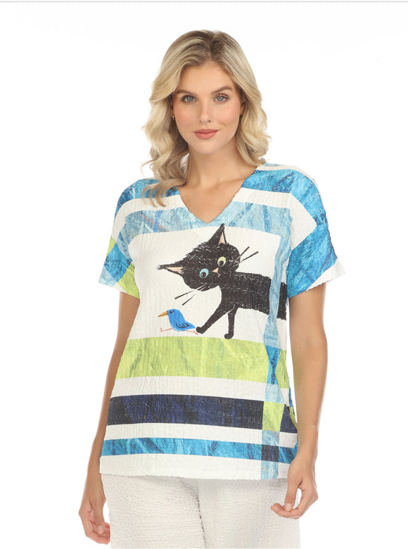 White V-Neck, Short Sleeve Knit Top w/Black, Lime Green, Blue Stripe and Cute Black Cat Scene by Inoah.