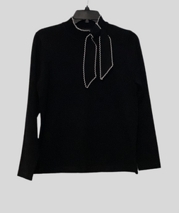 Black Long Sleeve Classic Sweater w/White Embroidered Trim Tie at the Neck, by Sunday.