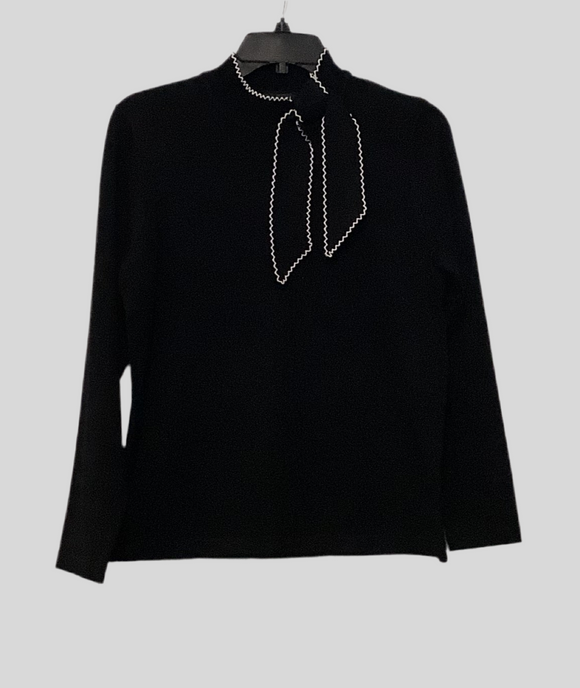 Black Long Sleeve Classic Sweater w/White Embroidered Trim Tie at the Neck, by Sunday.