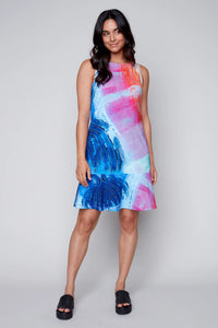 Multi-Colored Blues, Rose And Orange Round Neck, Sleeveless Dress with Ruffled Hem by Claire Desjardins.