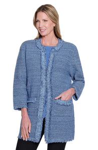Lite Blue/Dark Tweed Pattern, Fringed Open Front, 3/4 Sleeve, Jacket w/Front Pockets by Multiples.