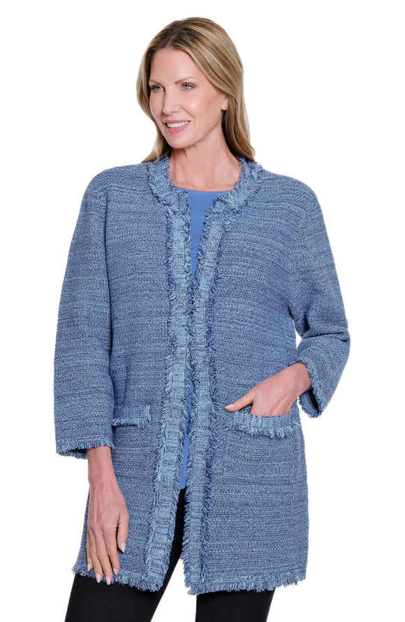 Lite Blue/Dark Tweed Pattern, Fringed Open Front, 3/4 Sleeve, Jacket w/Front Pockets by Multiples.