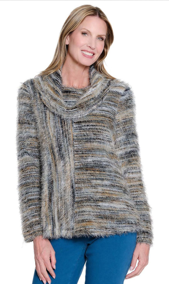 Multi-Colored Blue, Cream, Taupe Variegated Angora-Like, Cowl Neck, Long Sleeve Tunic by Multiples.