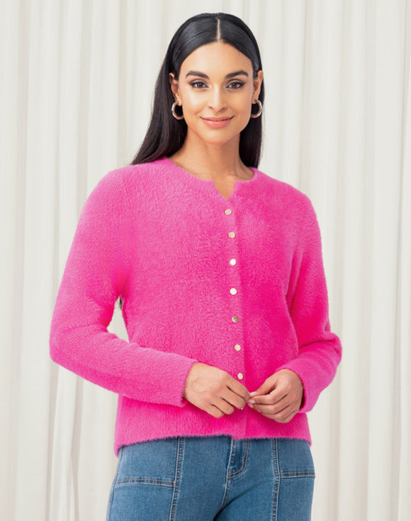 Fuchsia Long Sleeve, Button Front Cardigan Sweater by Elena Wang.