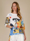 White Multi-Colored, “Sir Artsy-Paws”, 3/4 Dolman Sleeve,Textured Top w/Front Pocket By Inoah.