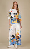 White Multi-Colored, “Sir Artsy-Paws”, Textured Wide Leg Palazo Pant By Inoah.