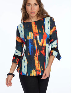 Black Multi-Colored Graphic Design Top w/ 3/4 Sleeve and Boat Neck by Lior.