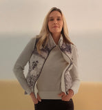 Winter White/Black/Taupe Quilted Floral Abstract Print Vest Reverses to Winter White Fur by Dolcezza.
