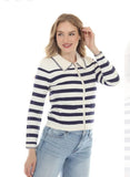 Navy Blue/White Striped, Pointed Collar, Zip Front, Long Sleeve Sweater w/Contrast Stitching by Rain and Rose.