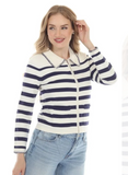 Navy Blue/White Striped, Pointed Collar, Zip Front, Long Sleeve Sweater w/Contrast Stitching by Rain and Rose.