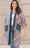 Navy/Rust Multi Colored and Multi Print Cardigan Style Long Top w/ Denim Trim by Shannon Passero