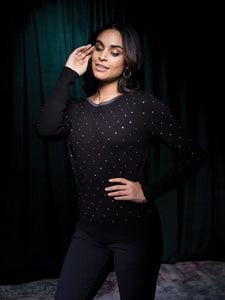 Black Round Neck Knit Top with Heart Bling by Alison Sheri.
