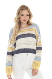 Navy Blue/White/Yellow Wide Striped, Round Neck Breathable Knit Long Sleeve Sweater by Rain and Rose.