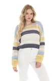 Navy Blue/White/Yellow Wide Striped, Round Neck Breathable Knit Long Sleeve Sweater by Rain and Rose.
