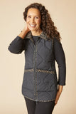 Black Leopard Print Zipper Front Vest with Flexible Standing Collar, Large Front Pockets, Reversible to Black with Leopard Print Trim by Habitat.